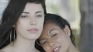Petite Asian and Russian teen lesbians outdoor posing
